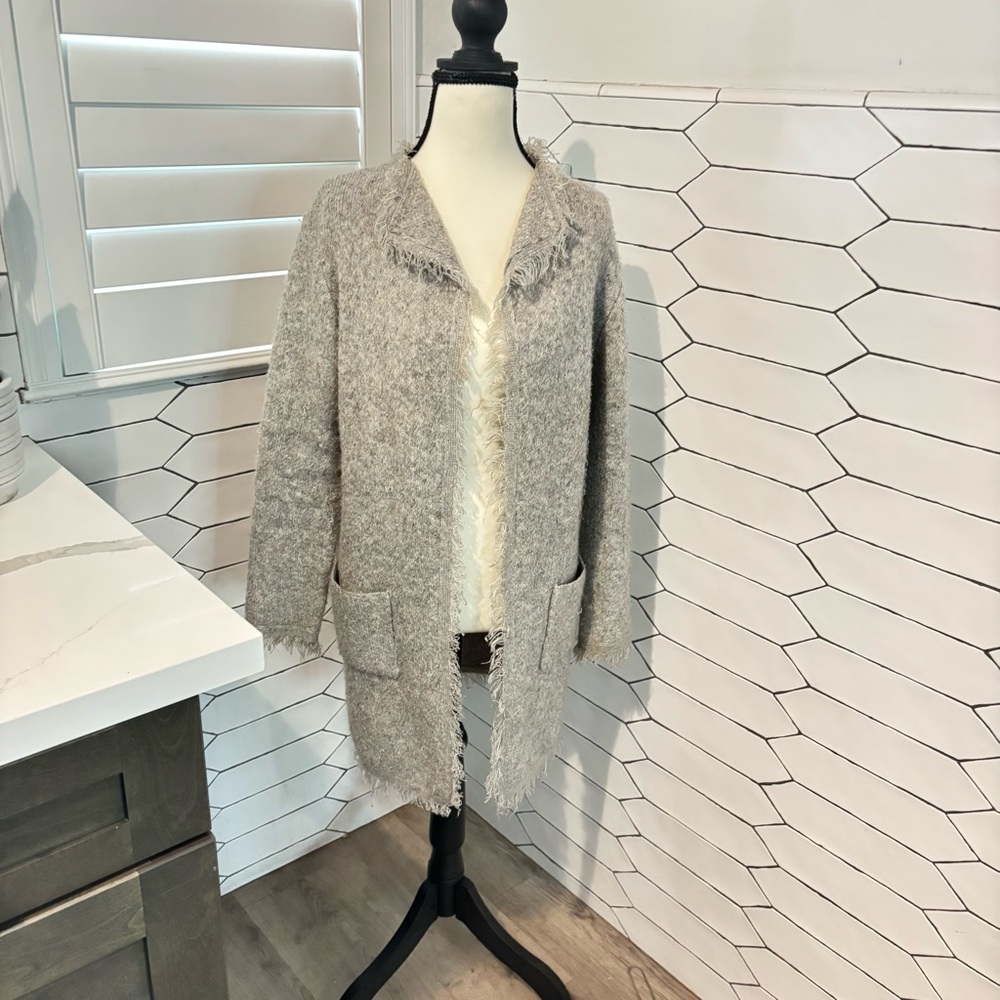 Max Studio Gray Fringed Cardigan